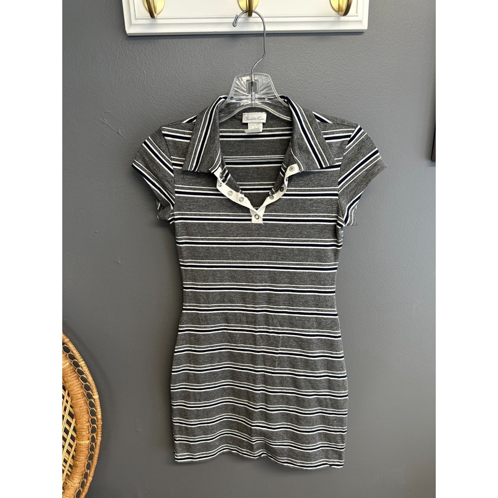 Vintage Y2K Charlotte Russe Womens S T-Shirt Dress Gray Striped Collared Preppy